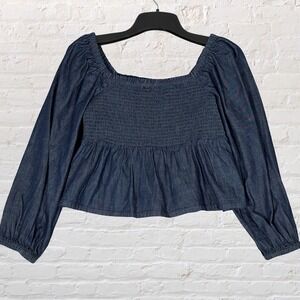 J. Crew Puff-Sleeve Chambray Smocked Top Size Large Blue Boho Hippie Cottage NWT